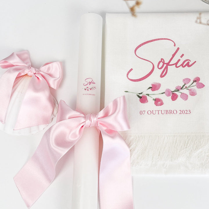 Conjunto Batizado Alegria Cetim | Vela · Toalha · Concha - Cutxi Cutxi - Presentes Personalizados