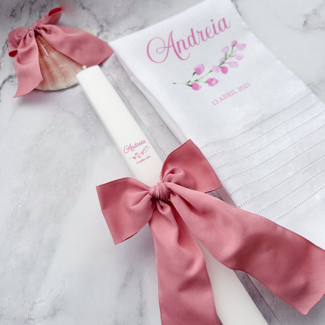 Conjunto Batizado Alegria Gorgurão | Vela · Toalha · Concha - Cutxi Cutxi - Presentes Personalizados