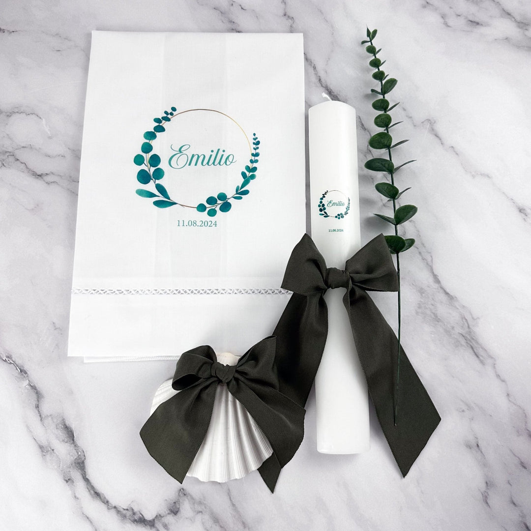 Conjunto Batizado Alegria Gorgurão | Vela · Toalha · Concha - Cutxi Cutxi - Presentes Personalizados