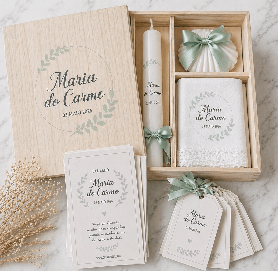 Conjunto Batizado BÊNÇÃO Cetim | 5 peças - vela, toalha, concha, caixa média, lembranças - Cutxi Cutxi - Presentes Personalizados