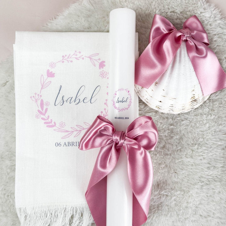 Conjunto Batizado BÊNÇÃO Cetim | 5 peças - vela, toalha, concha, caixa média, lembranças - Cutxi Cutxi - Presentes Personalizados