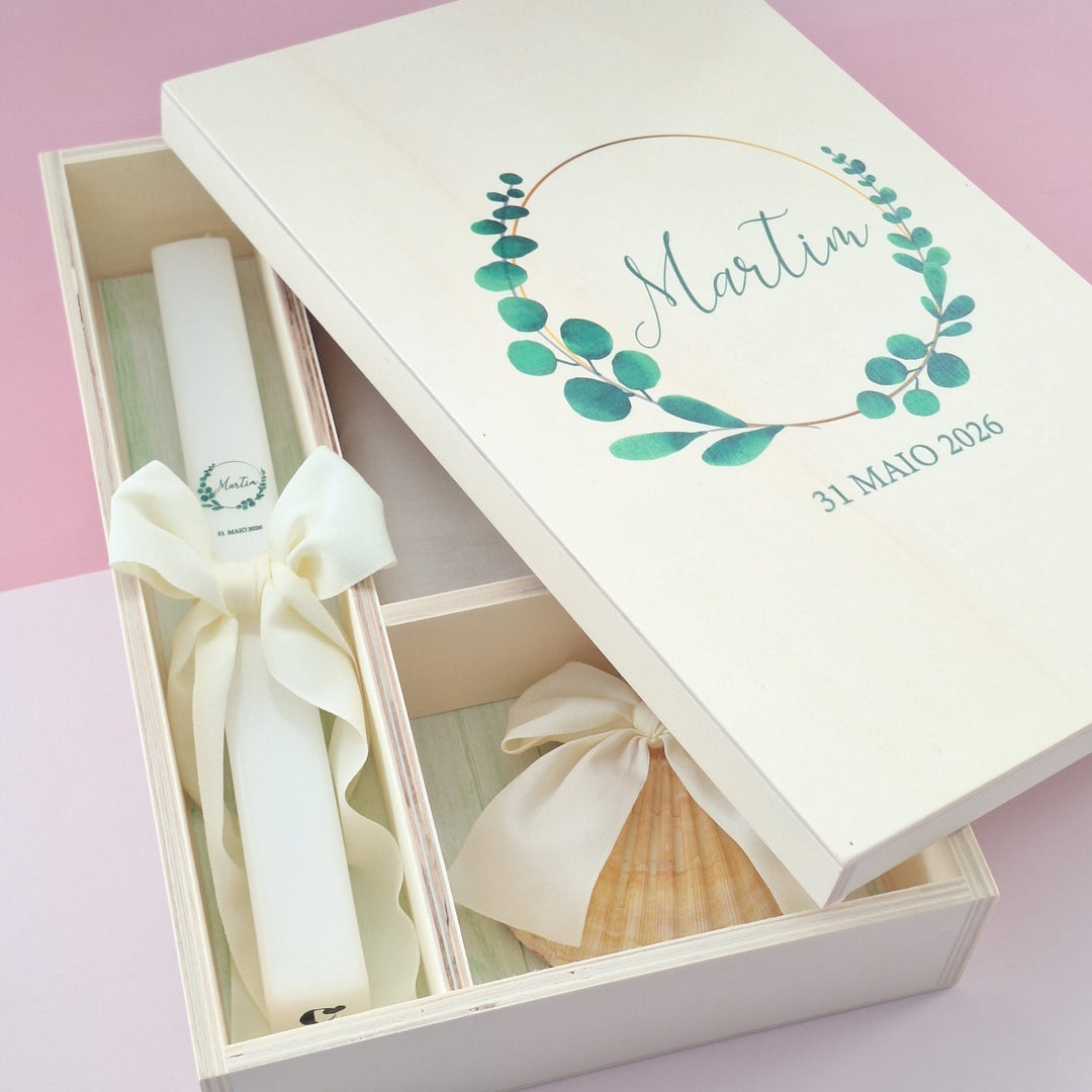 Conjunto Batizado BÊNÇÃO Gorgurão | 4 peças - vela, toalha, concha, caixa média - Cutxi Cutxi - Presentes Personalizados