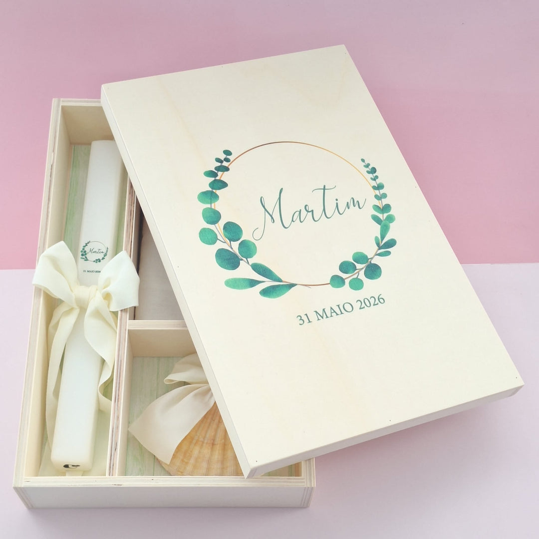 Conjunto Batizado BÊNÇÃO Gorgurão | 4 peças - vela, toalha, concha, caixa média - Cutxi Cutxi - Presentes Personalizados