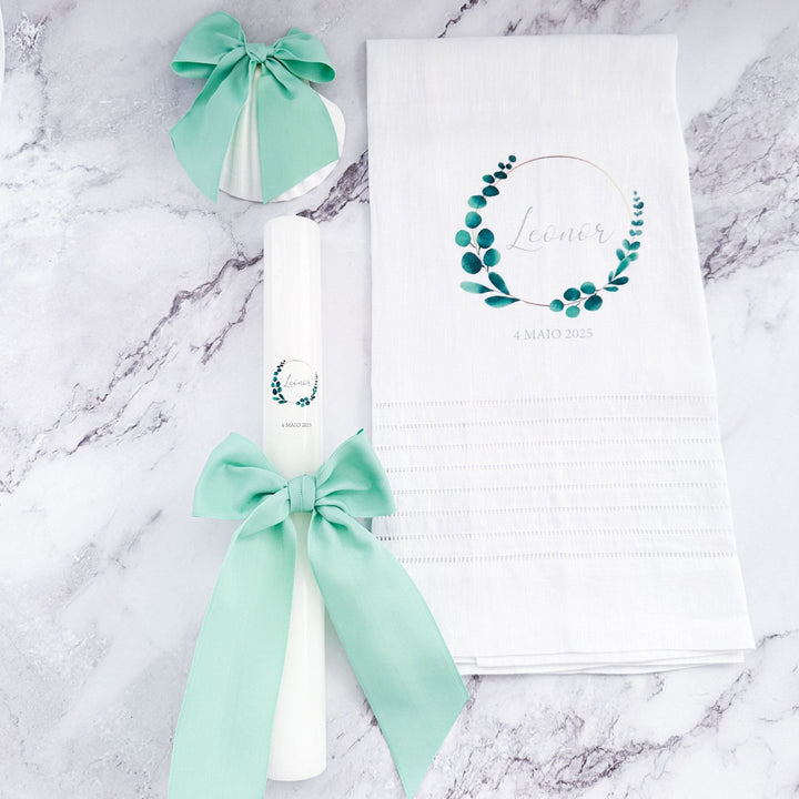 Conjunto Batizado Bênção Gorgurão | Vela · Toalha · Concha · Caixa de madeira grande - Cutxi Cutxi - Presentes Personalizados