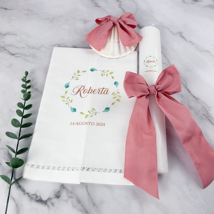 Conjunto Batizado Bênção Gorgurão | Vela · Toalha · Concha · Caixa de madeira grande - Cutxi Cutxi - Presentes Personalizados
