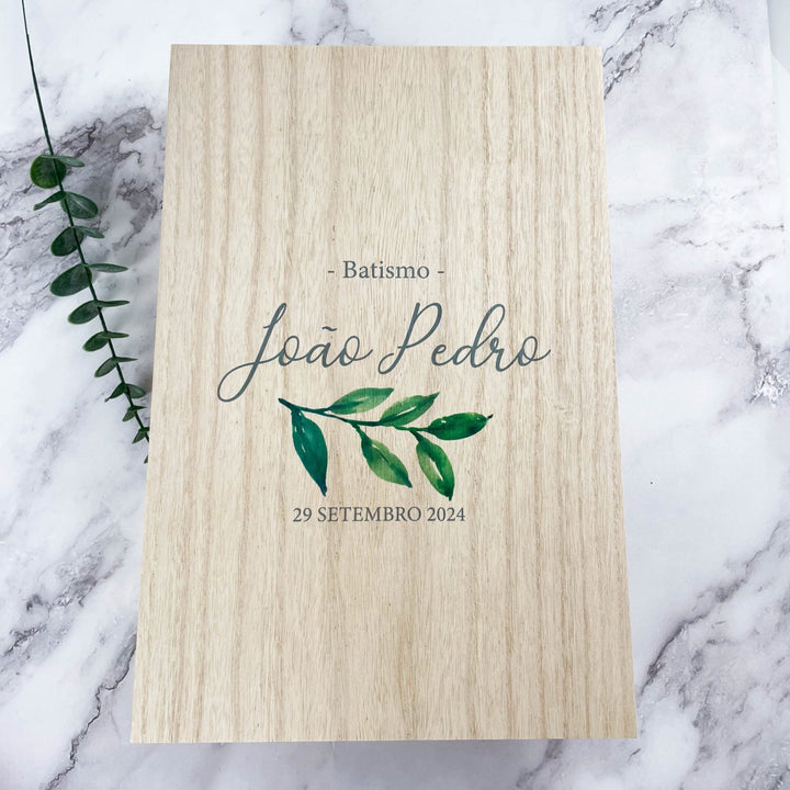 Conjunto Batizado Bênção Gorgurão | Vela · Toalha · Concha · Caixa de madeira grande - Cutxi Cutxi - Presentes Personalizados
