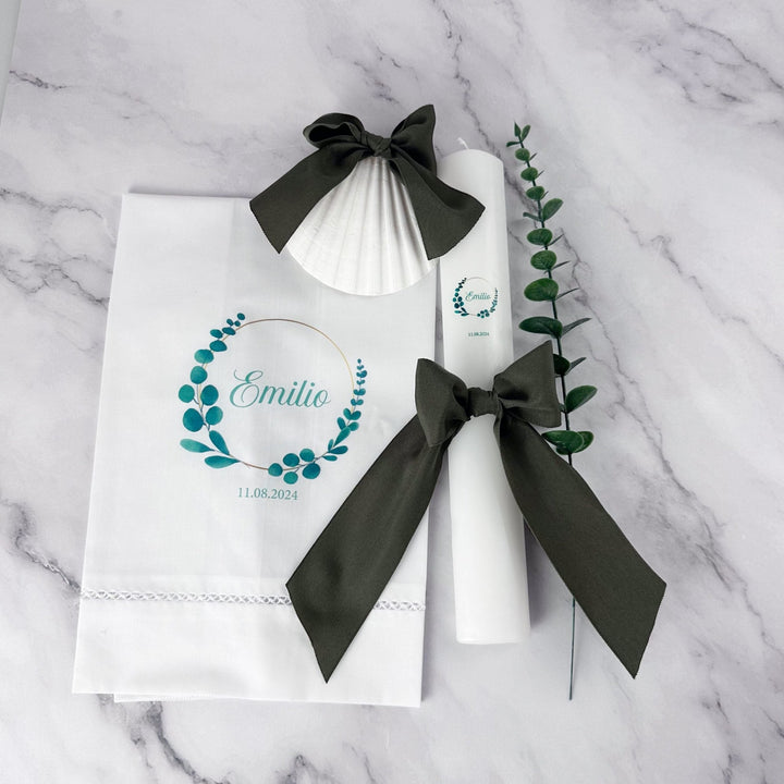 Conjunto Batizado Bênção Gorgurão | Vela · Toalha · Concha · Caixa de madeira grande - Cutxi Cutxi - Presentes Personalizados