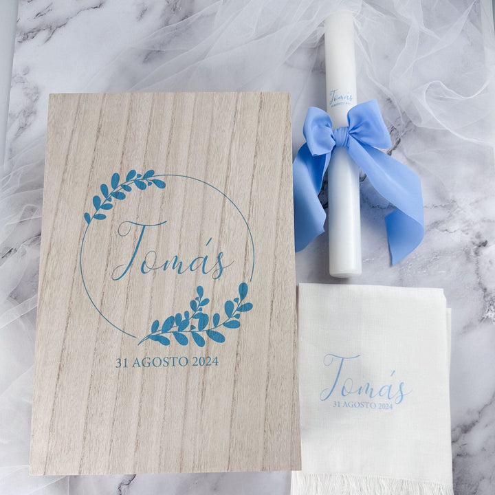 Conjunto Batizado DELUXE NATURE com Vela Concha Toalha e Caixa média - Gorgurão - Cutxi Cutxi - Presentes Personalizados
