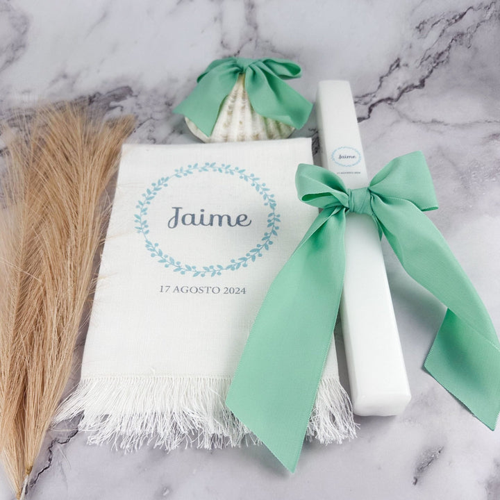 Conjunto Batizado DELUXE NATURE com Vela Concha Toalha e Caixa média - Gorgurão - Cutxi Cutxi - Presentes Personalizados
