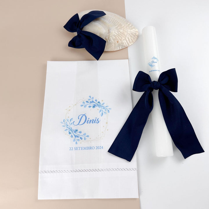 Conjunto Batizado DELUXE NATURE com Vela Concha Toalha e Caixa média - Gorgurão - Cutxi Cutxi - Presentes Personalizados