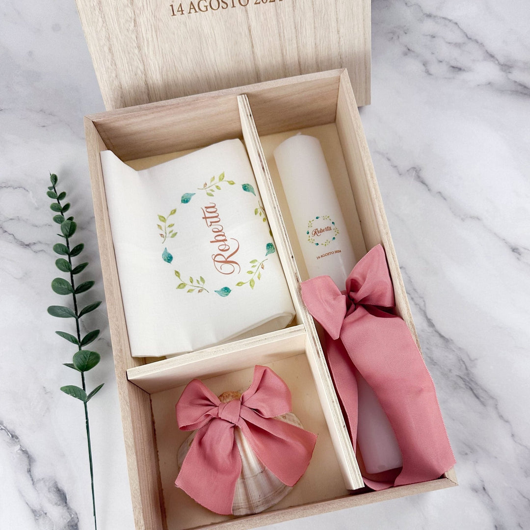 Conjunto Batizado DELUXE NATURE com Vela Concha Toalha e Caixa média - Gorgurão - Cutxi Cutxi - Presentes Personalizados