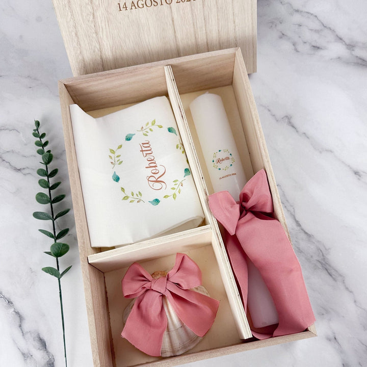 Conjunto Batizado DELUXE NATURE com Vela Concha Toalha e Caixa média - Gorgurão - Cutxi Cutxi - Presentes Personalizados