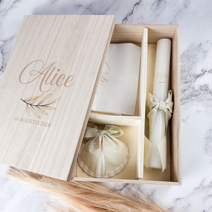 Conjunto Batizado DELUXE NATURE com Vela Concha Toalha e Caixa média - Gorgurão - Cutxi Cutxi - Presentes Personalizados