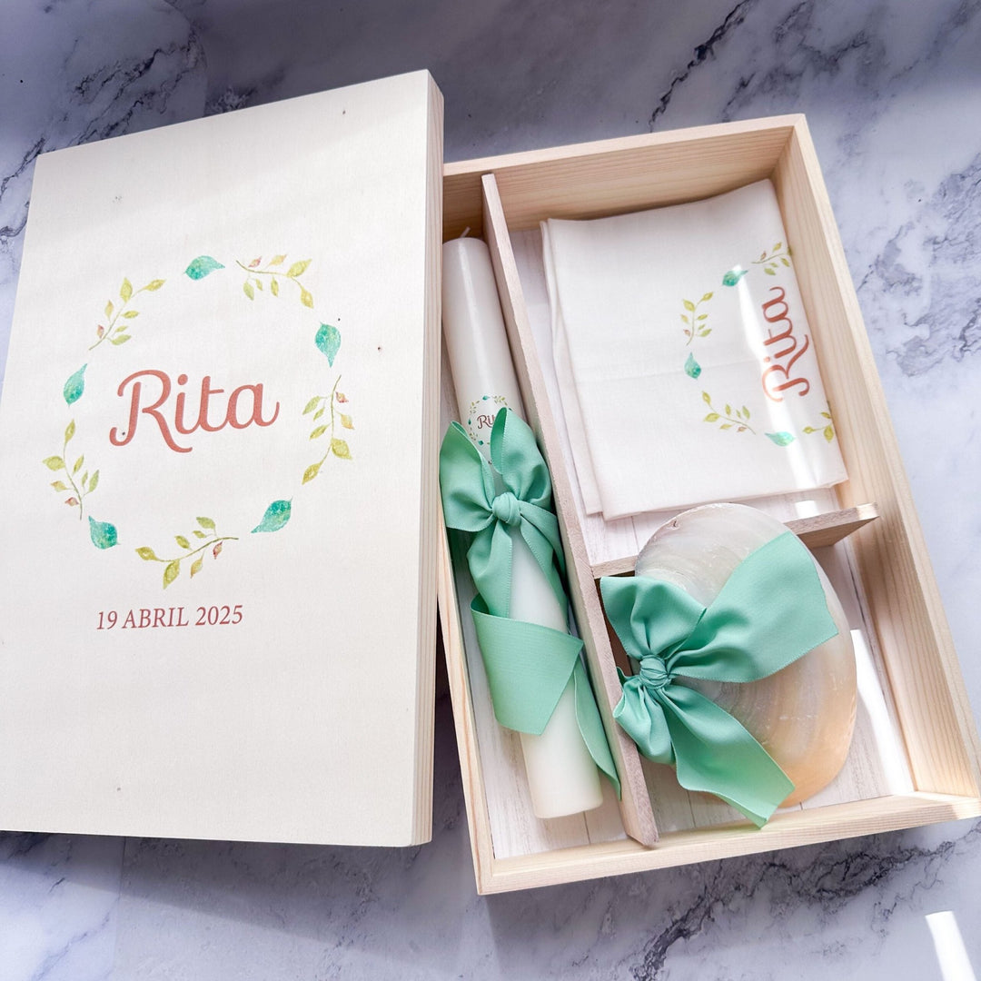 Conjunto Batizado DELUXE NATURE com Vela Concha Toalha e Caixa média - Gorgurão - Cutxi Cutxi - Presentes Personalizados