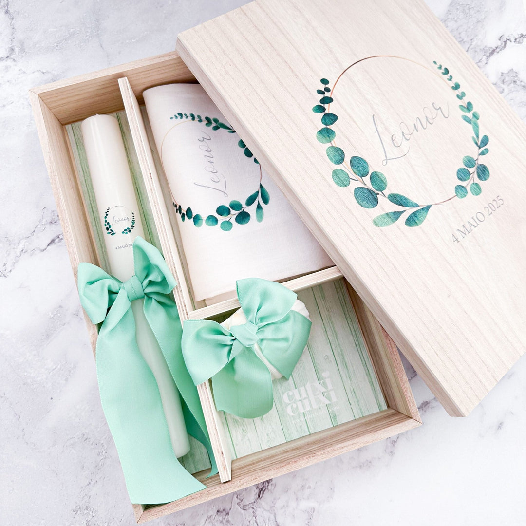 Conjunto Batizado DELUXE NATURE com Vela Concha Toalha e Caixa média - Gorgurão - Cutxi Cutxi - Presentes Personalizados