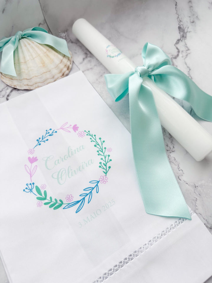Conjunto Batizado Classic Nature com Vela Concha Toalha - Cetim