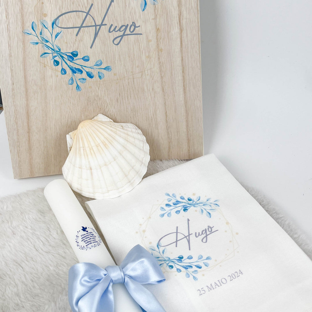 Conjunto Batizado DELUXE NATURE com Vela Concha Toalha e Caixa média - CETIM