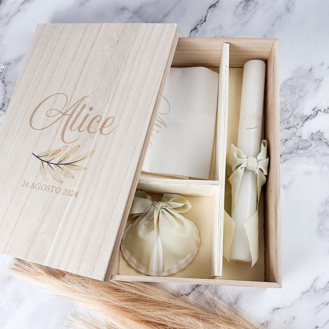 Conjunto Batizado DELUXE NATURE com Vela Concha Toalha e Caixa média - Gorgurão