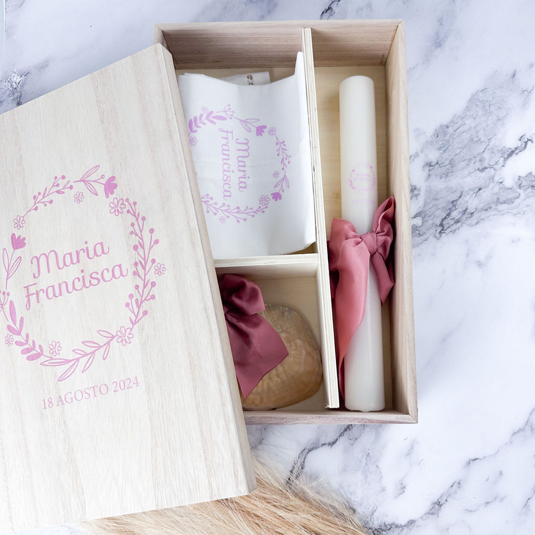 Conjunto Batizado DELUXE NATURE com Vela Concha Toalha e Caixa média - Gorgurão