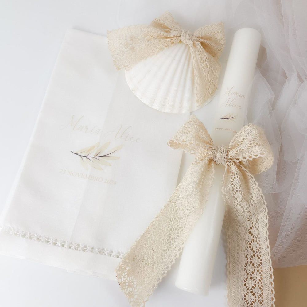 Conjunto Batizado Poema | Vela Toalha, Concha e Pagelas de Lembrança - Cutxi Cutxi - Presentes Personalizados