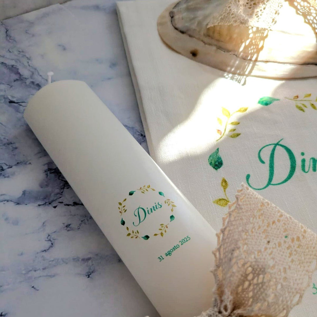 Conjunto Batizado Poema | Vela Toalha, Concha e Pagelas de Lembrança - Cutxi Cutxi - Presentes Personalizados