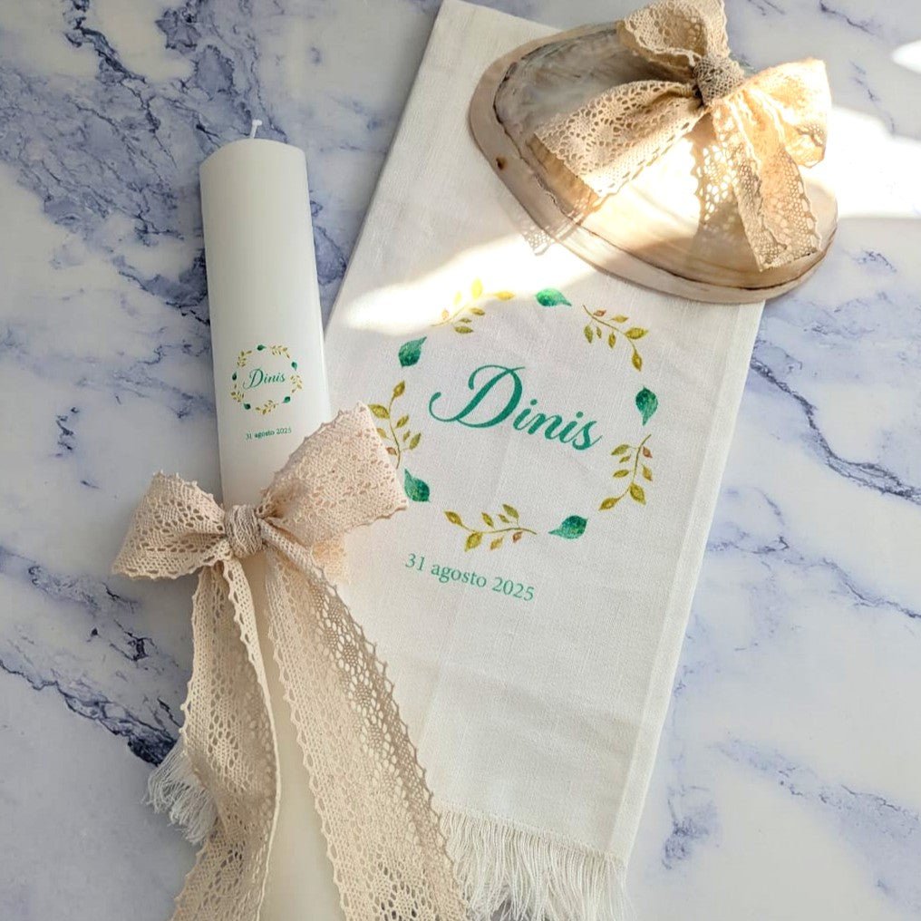 Conjunto Batizado Poema | Vela Toalha, Concha e Pagelas de Lembrança - Cutxi Cutxi - Presentes Personalizados