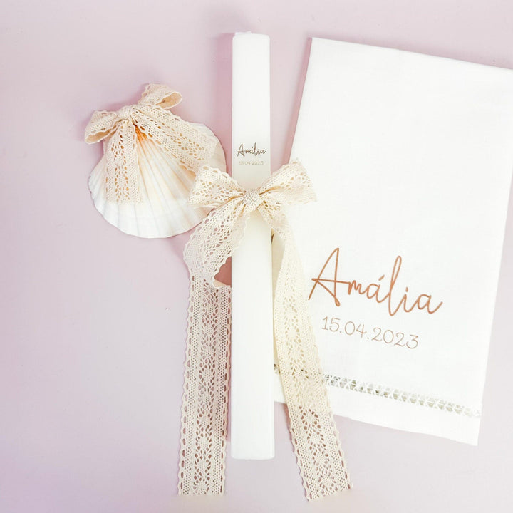 Conjunto Batizado Poema | Vela Toalha, Concha e Pagelas de Lembrança - Cutxi Cutxi - Presentes Personalizados