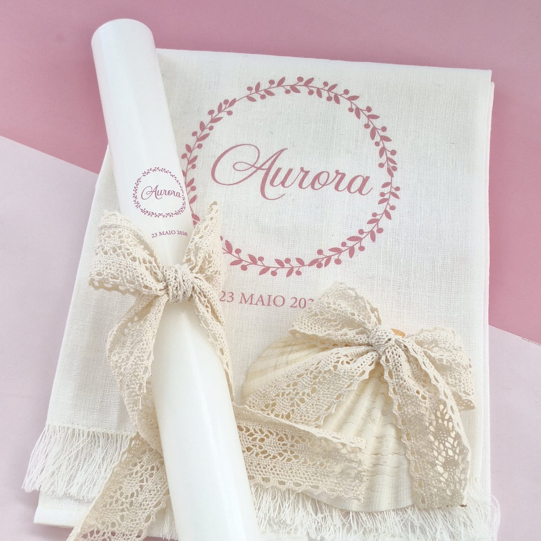 Conjunto Batizado Poema | Vela Toalha e Concha - Cutxi Cutxi - Presentes Personalizados