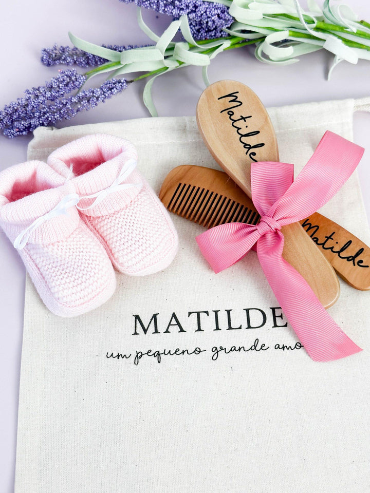 Conjunto do Bebé com escova para cabelo e pente de madeira