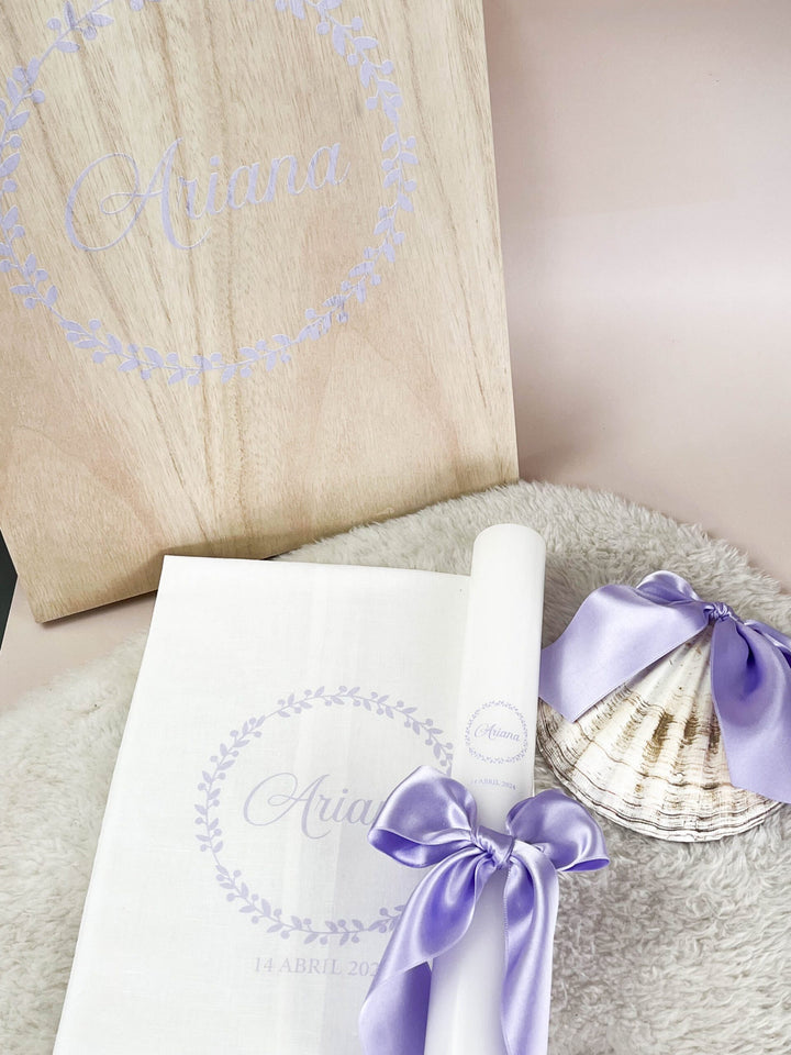 Conjunto Batizado DELUXE NATURE com Vela Concha Toalha e Caixa média - CETIM