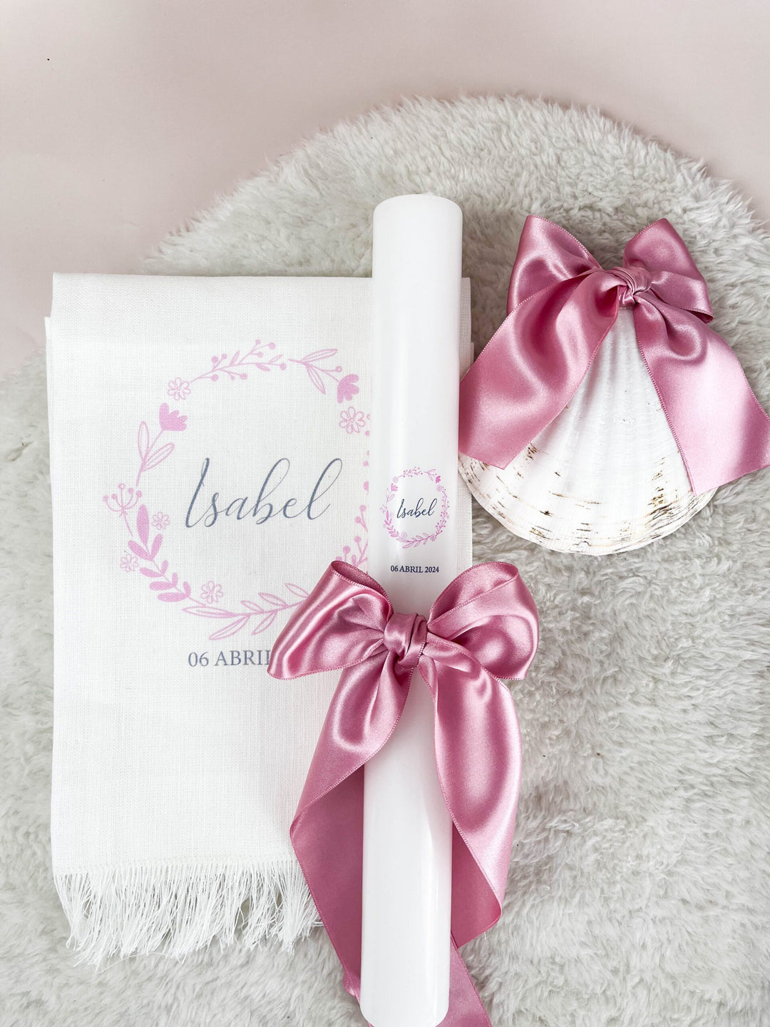 Conjunto Batizado Classic Nature com Vela Concha Toalha - Cetim