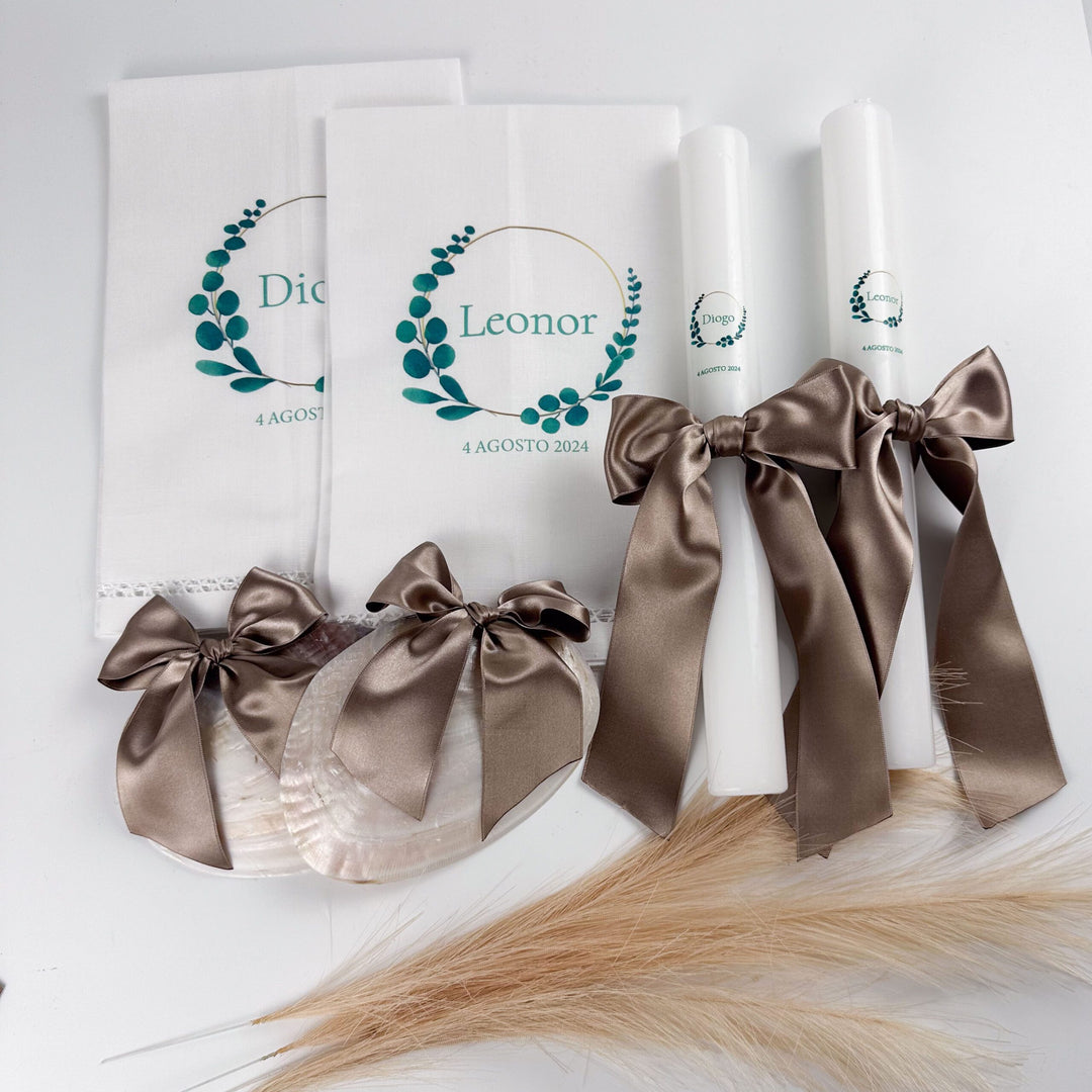 Conjunto Batizado Classic Nature com Vela Concha Toalha - Cetim