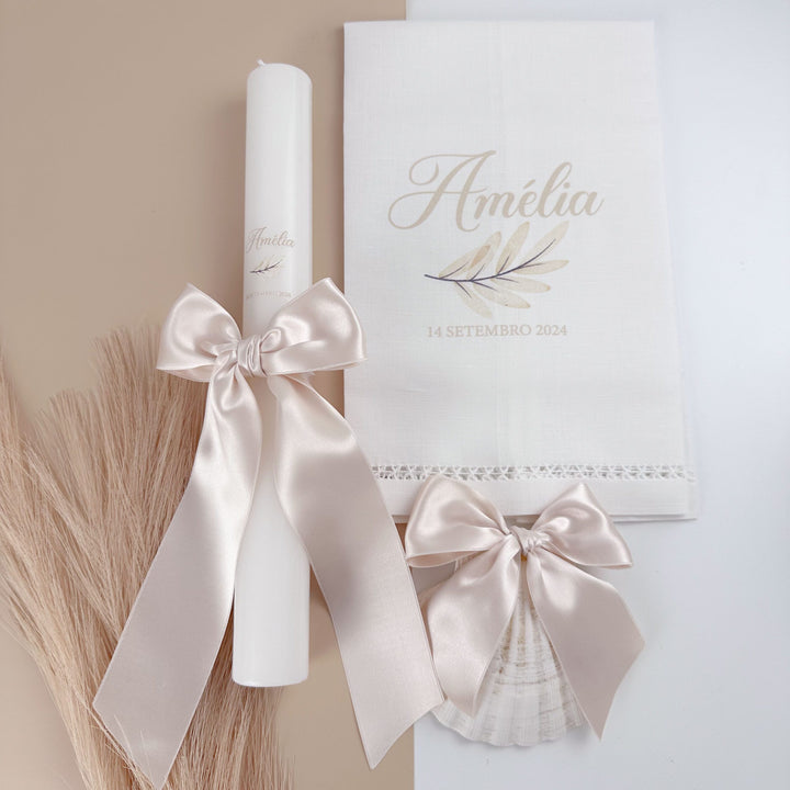 Conjunto Batizado Classic Nature com Vela Concha Toalha - Cetim