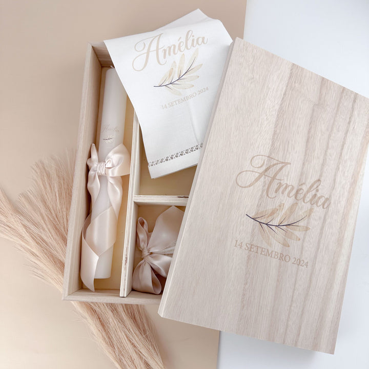 Conjunto Batizado DELUXE NATURE com Vela Concha Toalha e Caixa média - CETIM