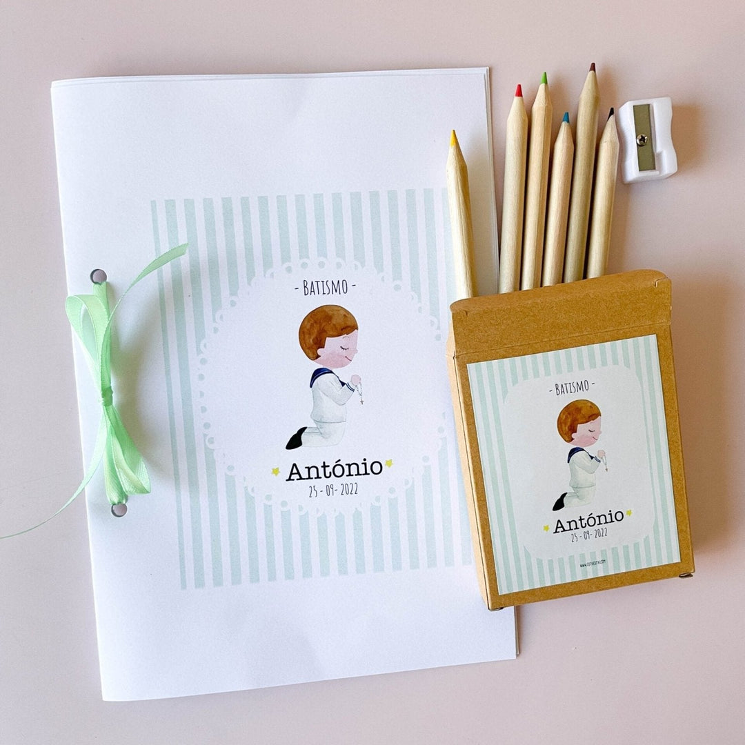 Conjunto de Mini Lápis mais caderno para Pintar (Presente de Aniversário, Batizados) - Cutxi Cutxi - Presentes Personalizados