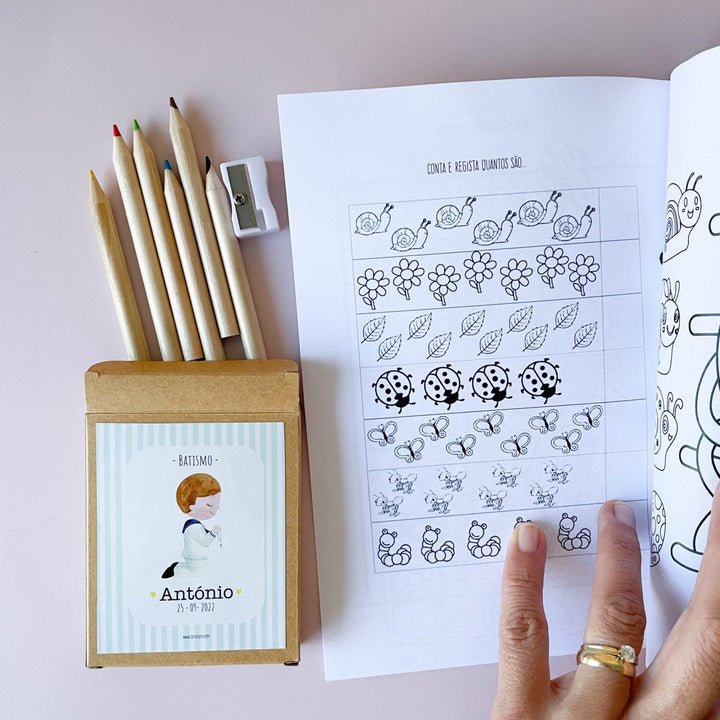 Conjunto de Mini Lápis mais caderno para Pintar (Presente de Aniversário, Batizados) - Cutxi Cutxi - Presentes Personalizados