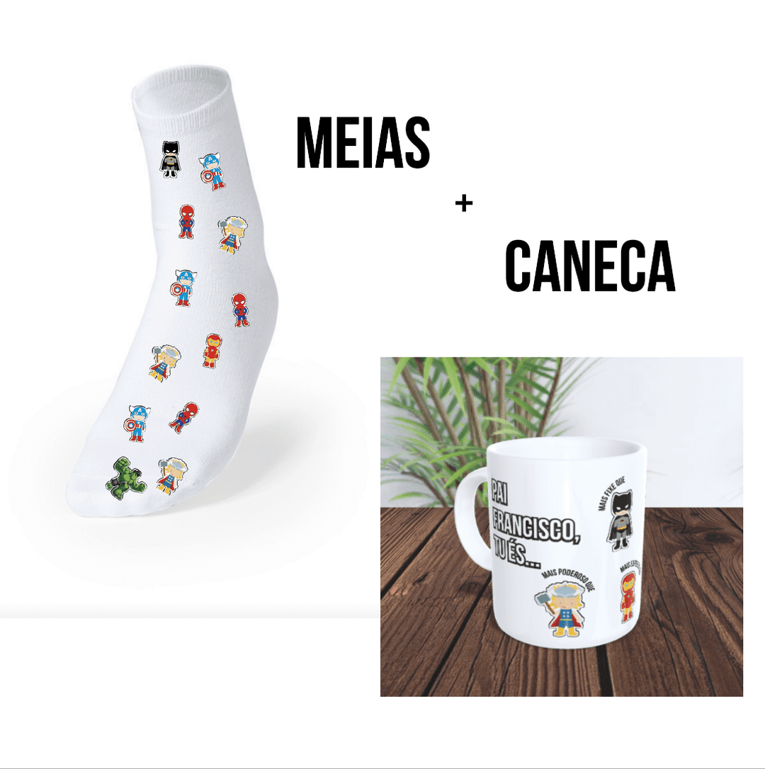 Conjunto Exclusivo de Meias + Caneca Super - Heróis da Marvel - Cutxi Cutxi - Presentes Personalizados