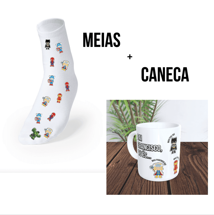 Conjunto Exclusivo de Meias + Caneca Super - Heróis da Marvel - Cutxi Cutxi - Presentes Personalizados