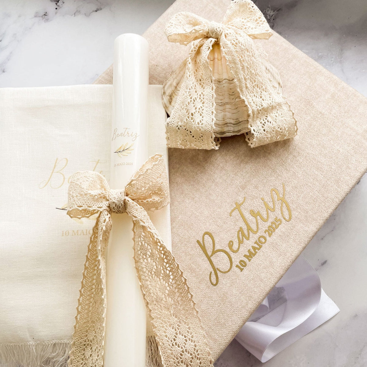 Christening Set Poema Deluxe Collection | with Candle, Shell, Towel, Large Velvet Box