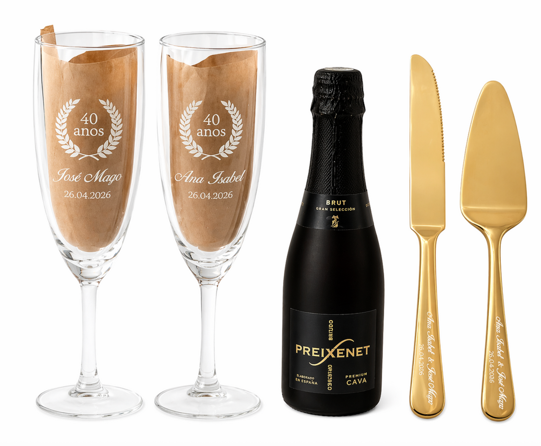Presente Personalizado para Bodas de Casamento – Copos, Espumante e Talheres