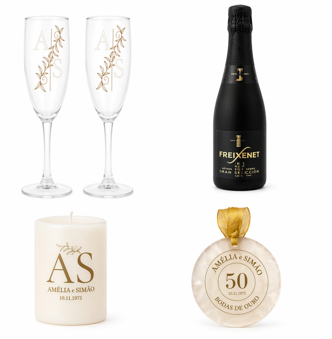 Presente Personalizado para Bodas de Casamento | Caixa com Copos, Espumante, Vela e Medalha