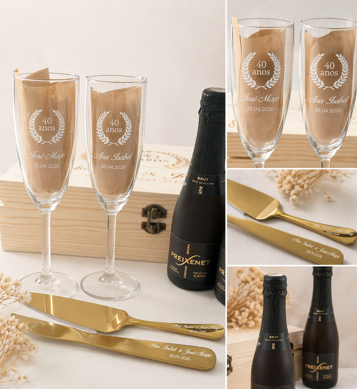 Presente Personalizado para Bodas de Casamento – Copos, Espumante e Talheres