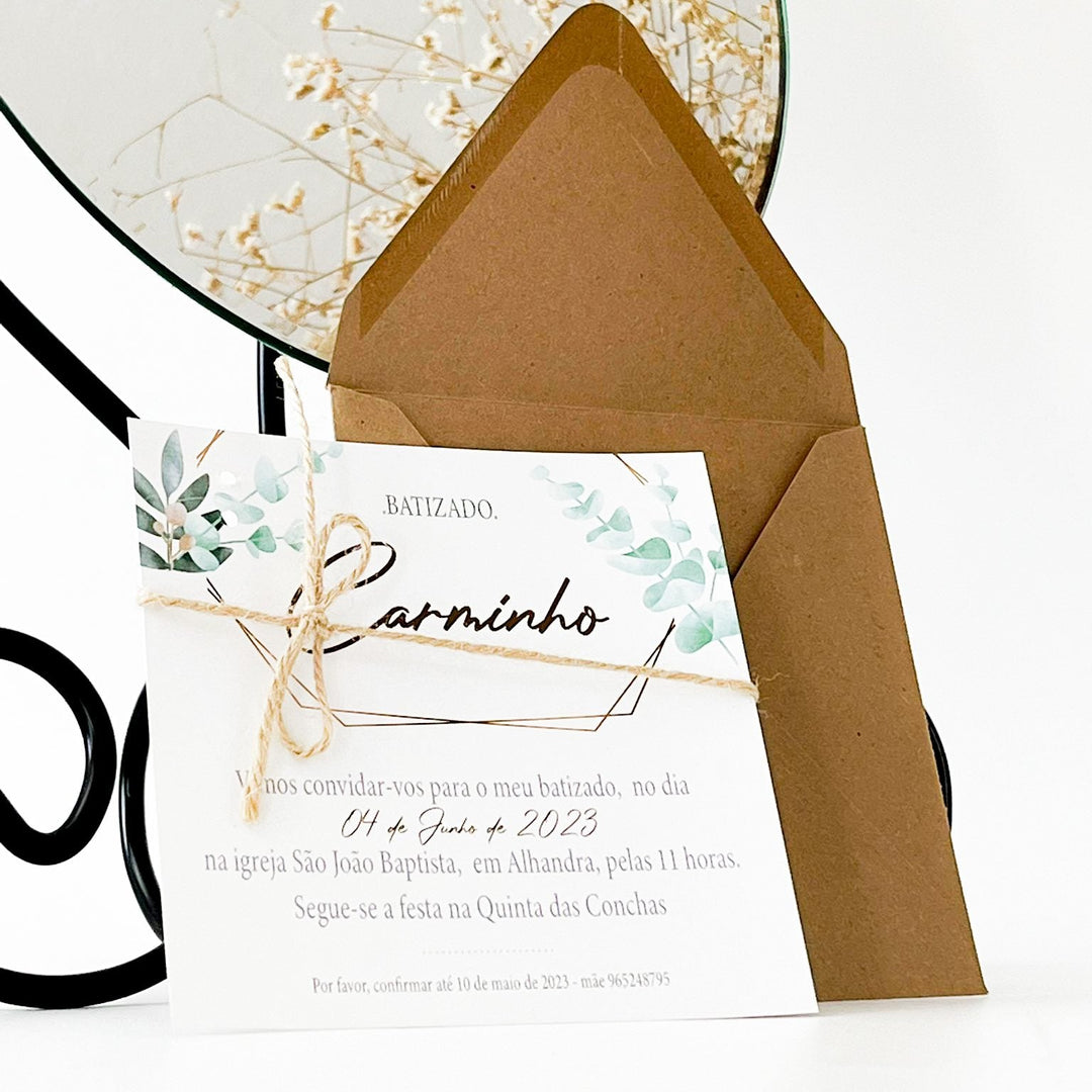 Convite Batizado - Folhas e Cordão - Cutxi Cutxi - Presentes Personalizados