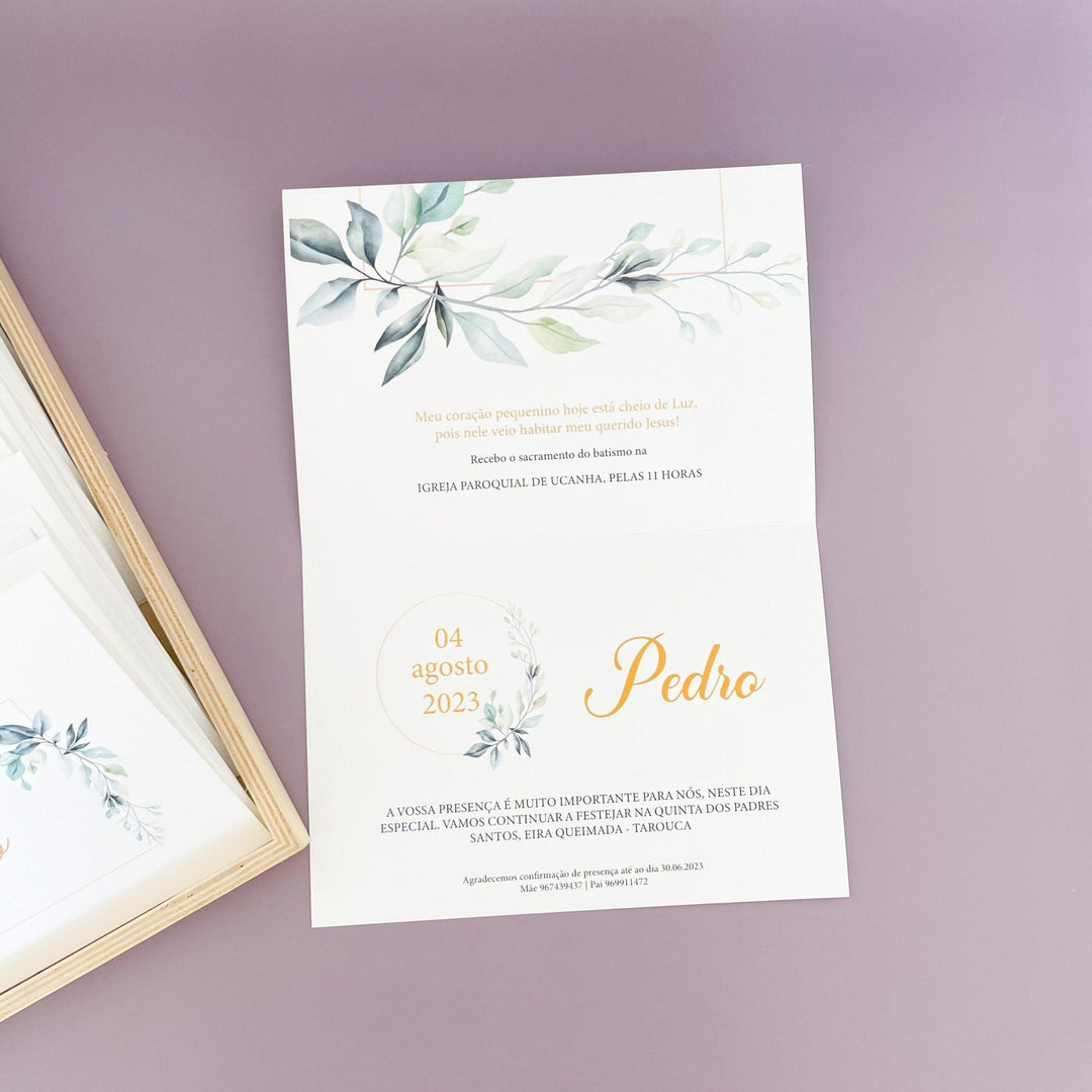 Convite para Batizado Personalizado - Folhas - Cutxi Cutxi - Presentes Personalizados