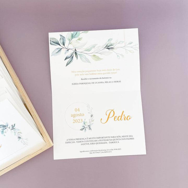 Convite para Batizado Personalizado - Folhas - Cutxi Cutxi - Presentes Personalizados