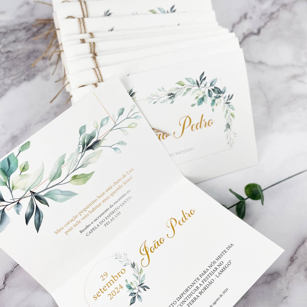 Convite para Batizado Personalizado - Folhas - Cutxi Cutxi - Presentes Personalizados
