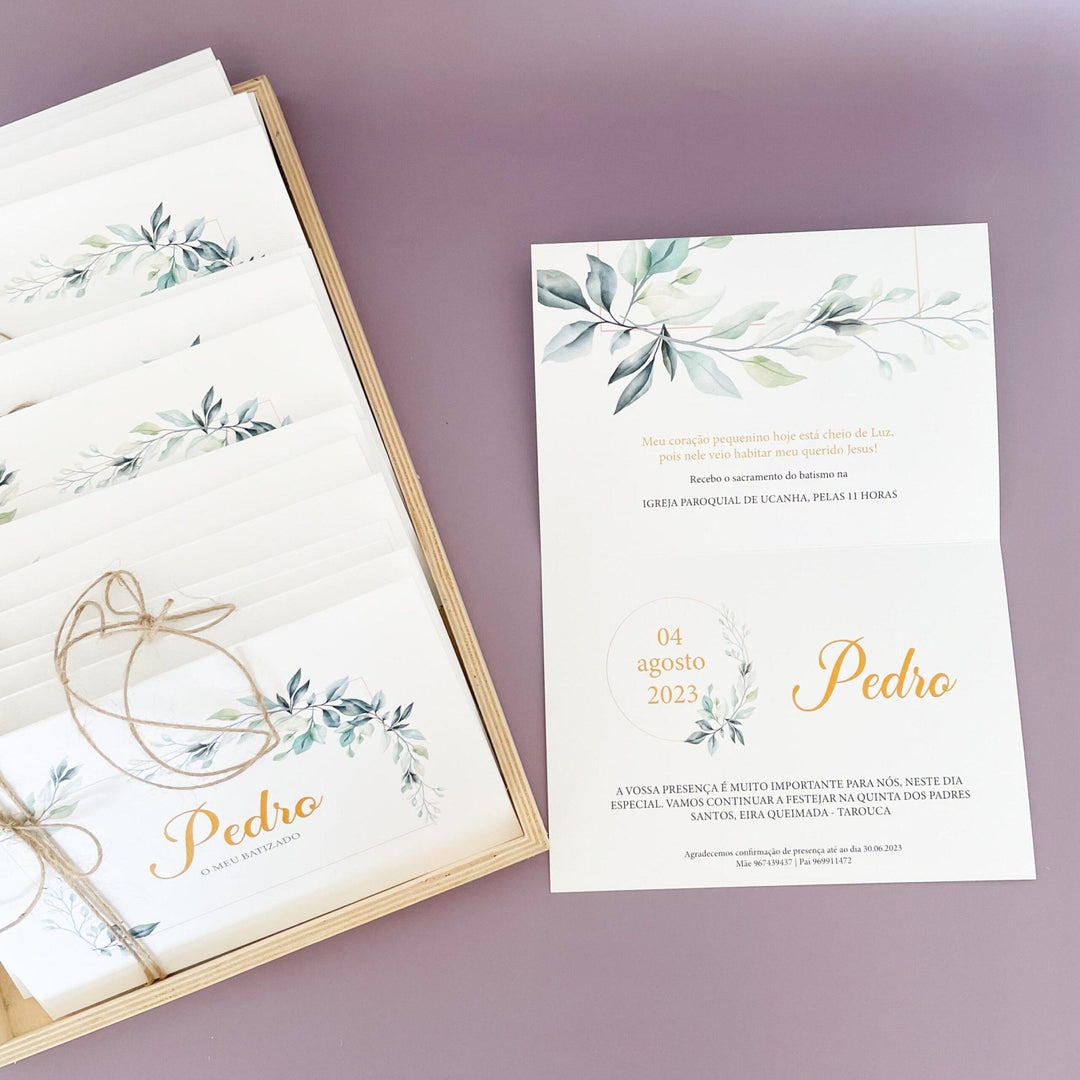 Convite para Batizado Personalizado - Folhas - Cutxi Cutxi - Presentes Personalizados