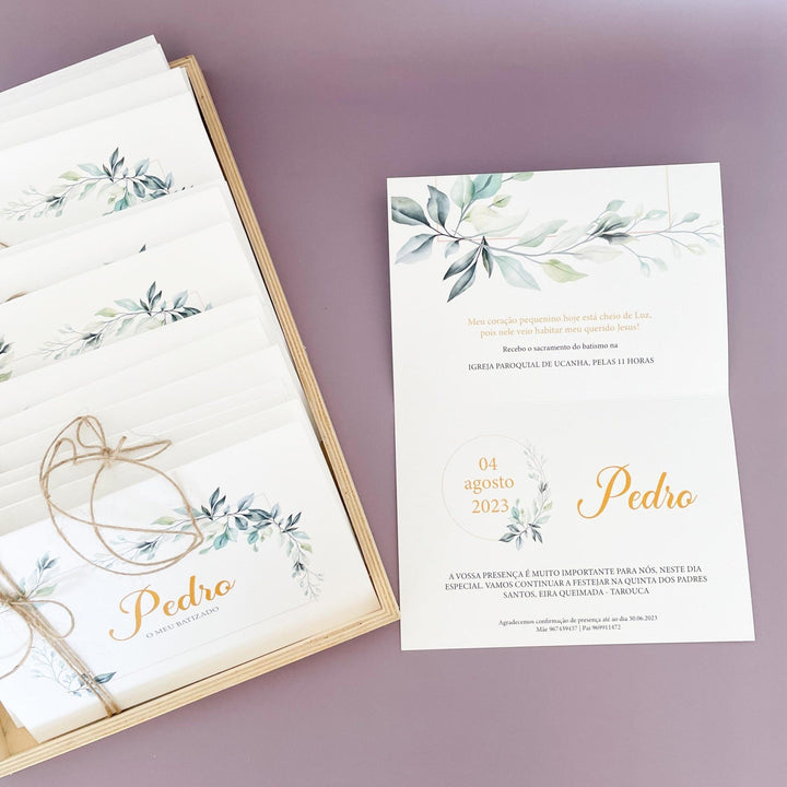 Convite para Batizado Personalizado - Folhas - Cutxi Cutxi - Presentes Personalizados