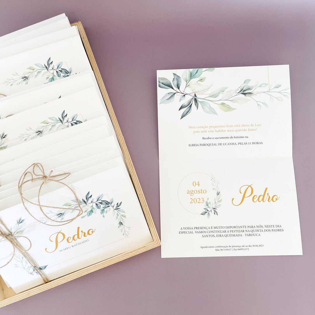 Convite para Batizado Personalizado - Folhas - Cutxi Cutxi - Presentes Personalizados