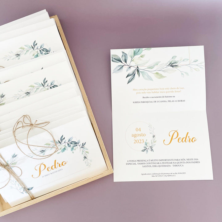 Convite para Batizado Personalizado - Folhas - Cutxi Cutxi - Presentes Personalizados